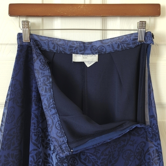 Petite Sophisticate 80's Vintage Motif Chiffon High Waisted Midi Skirt Blue S - Picture 4 of 14